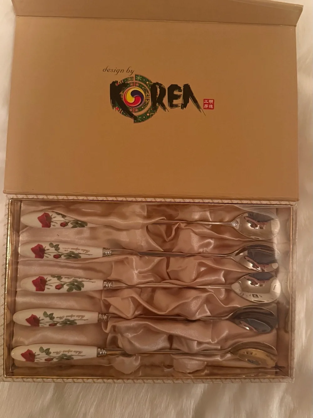 Design by Korea Porcelain Rose Long Handle Spoon Set of 5 Gift Box Floral Tea Co